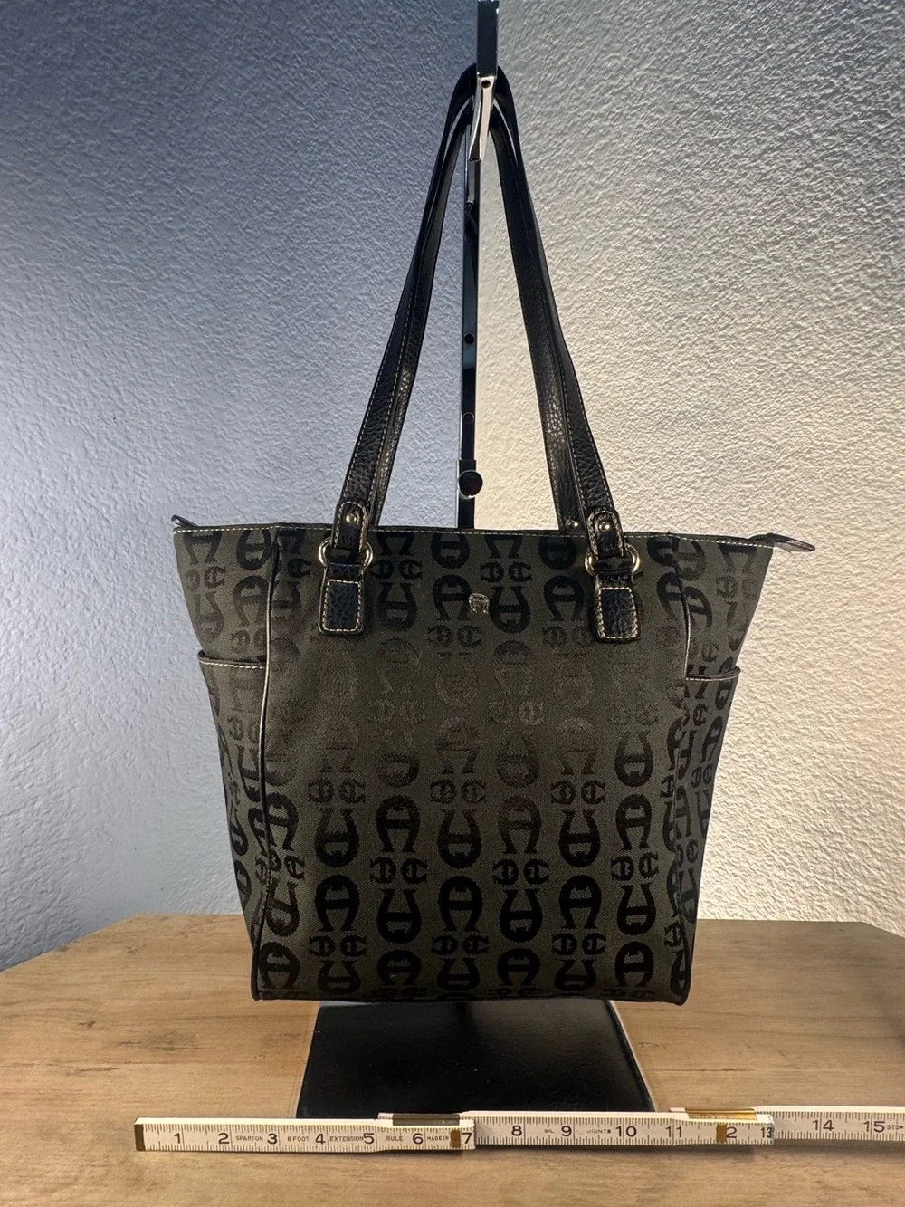 Etienne Aigner Monogram Canvas Tote Black Gray Leather Trim Gold Stitching
